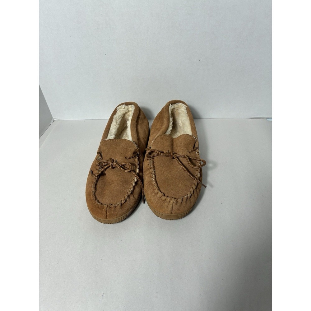 LAM Moccasin Suede Brown Slippers Faux Fur Lining Indoor / Outdoor Men's Size 10